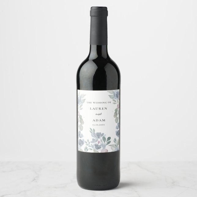 Étiquette Pour Bouteilles De Vin Boho Eucalyptus & Dusty Blue Florals Mariage (Devant)