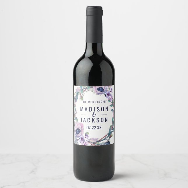 Étiquette Pour Bouteilles De Vin Boho Feather & Floral Wreath Mariage Monogramme (Devant)