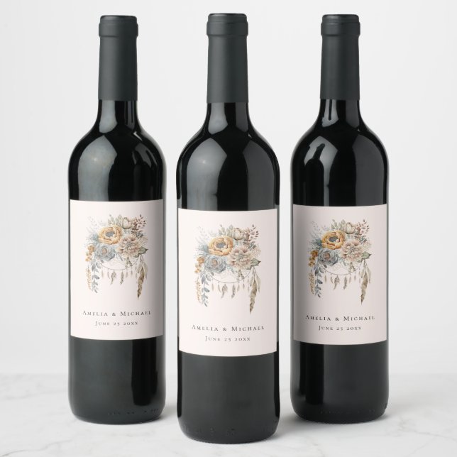 Étiquette Pour Bouteilles De Vin Boho Flowers and Dreamcatcher - Mariage (Bouteilles)