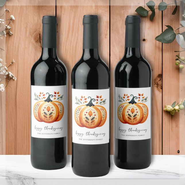 Étiquette Pour Bouteilles De Vin Boho Folk Citrouille Thanksgiving (Créateur téléchargé)