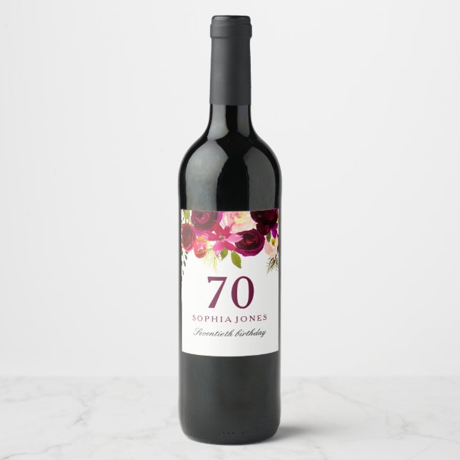 Étiquette Pour Bouteilles De Vin Boho rouge bordeaux 70e fête d'anniversaire (Devant)