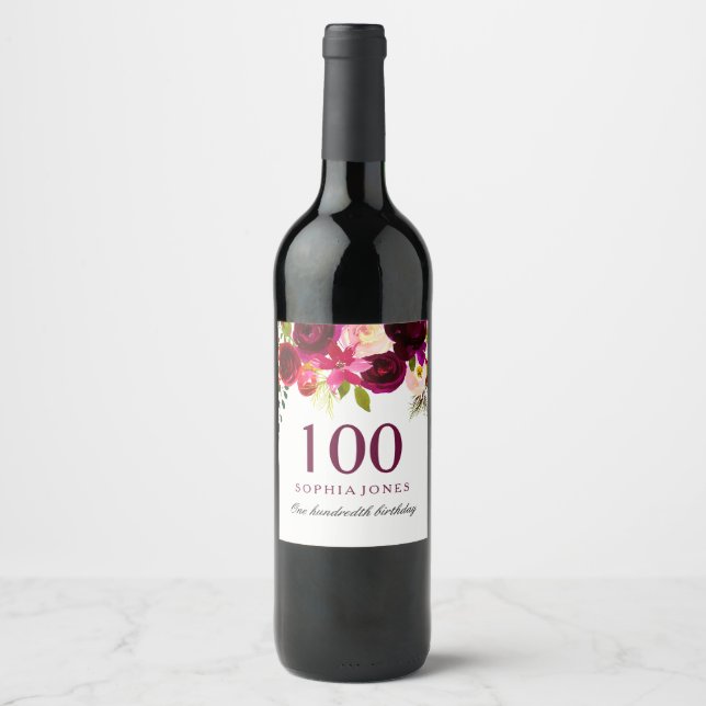 Étiquette Pour Bouteilles De Vin Boho rouge Bourgogne 100e fête d'anniversaire (Devant)