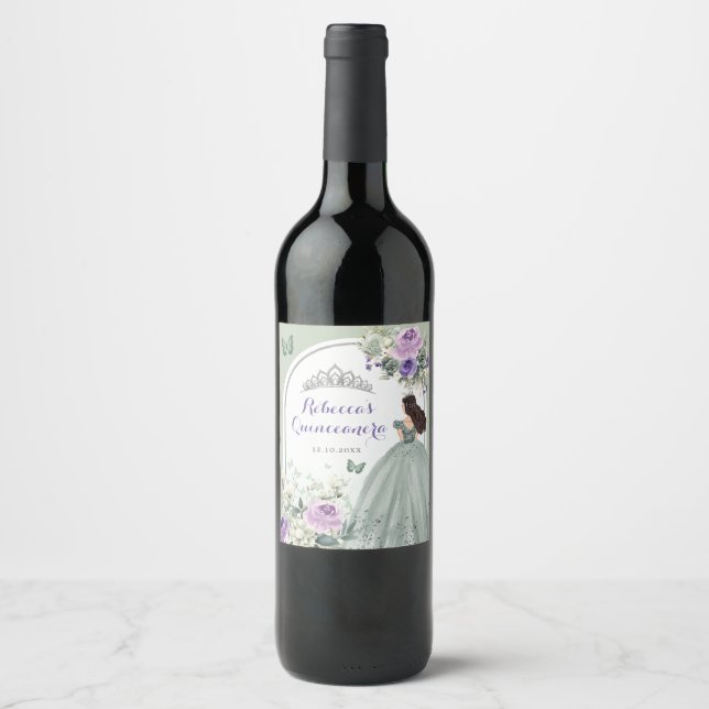 Étiquette Pour Bouteilles De Vin Boho Sage Vert Violet Floral Quinceañera (Devant)
