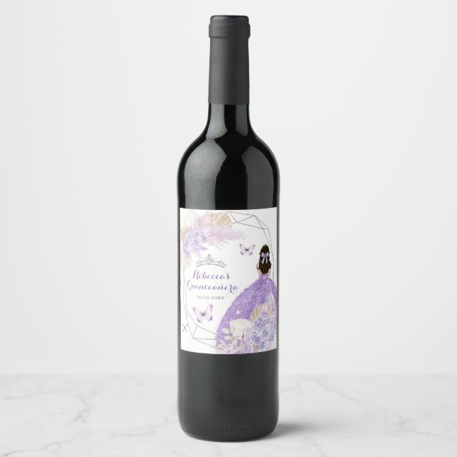 Étiquette Pour Bouteilles De Vin Boho Silver Purple Floral Butterfly Quinceañera (Devant)