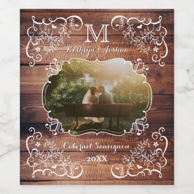 Étiquette Pour Bouteilles De Vin Bois rustique Mariage Photo Panneau de bois Monogr (Étiquettes simples)