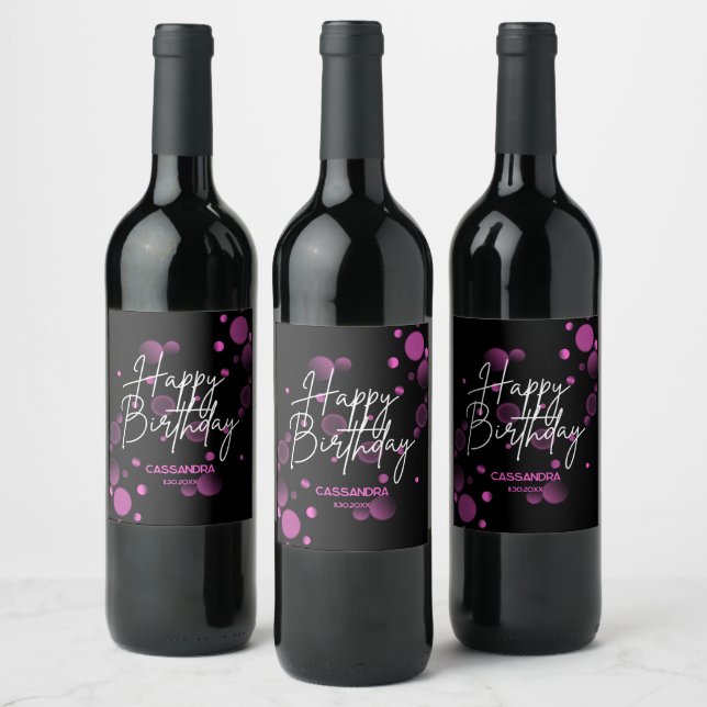 Étiquette Pour Bouteilles De Vin Bokeh rose moderne dégradé noir Joyeux anniversair (Bouteilles)