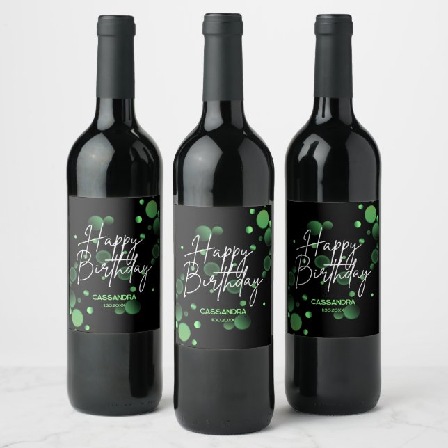 Étiquette Pour Bouteilles De Vin Bokeh vert moderne dégradé noir Joyeux anniversair (Bouteilles)