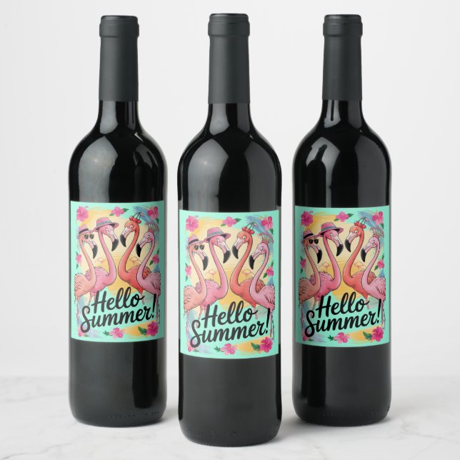 Étiquette Pour Bouteilles De Vin Bonjour l'été Mignon Flamant Rose Vacances Tropica (Bouteilles)