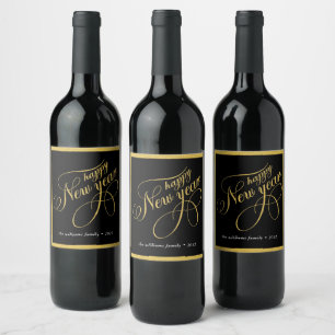 Étiquette Pour Bouteilles De Vin Bonne année Gold & Black Typography Étiquette de v