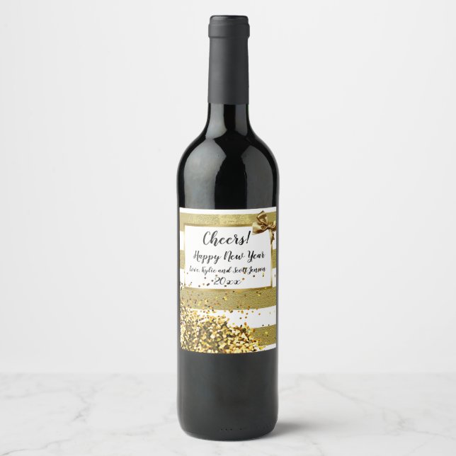 Étiquette Pour Bouteilles De Vin Bonne année Gold Confetti et Bow (Devant)
