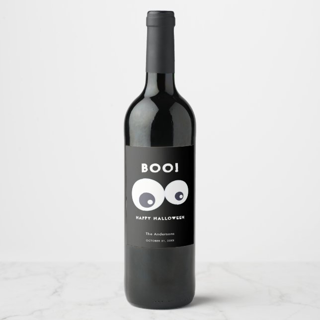 Étiquette Pour Bouteilles De Vin Boo mignon monstres yeux Happy Halloween Noir (Devant)