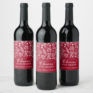 Étiquette Pour Bouteilles De Vin Botaniques blanches sur Noël rouge