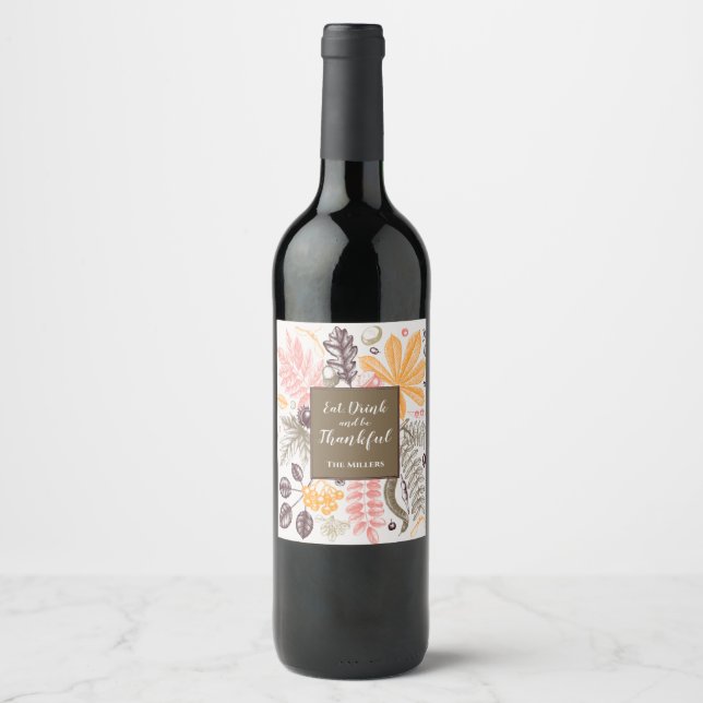 Étiquette Pour Bouteilles De Vin Botaniques de Thanksgiving d'automne (Devant)