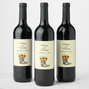 Étiquette Pour Bouteilles De Vin Bottes rustiques Cowboy avec Mariage Sunflower