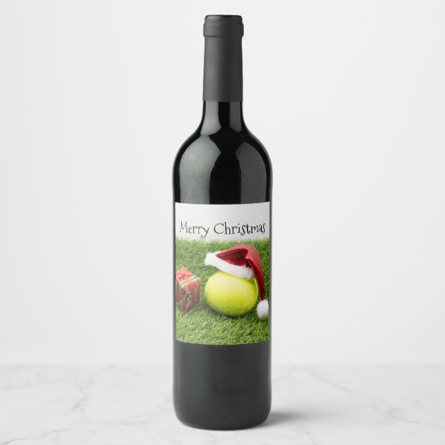 Étiquette Pour Bouteilles De Vin Boule de tennis avec chapeau de Noël (Devant)