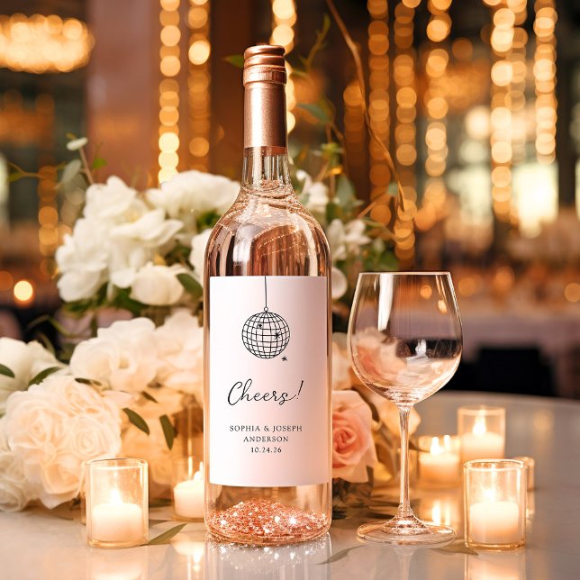 Étiquette Pour Bouteilles De Vin Boule Disco Minimaliste | Mariage noir et blanc (Créateur téléchargé)
