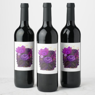 Étiquette Pour Bouteilles De Vin Bouquet floral magique violet dans un cadre doré