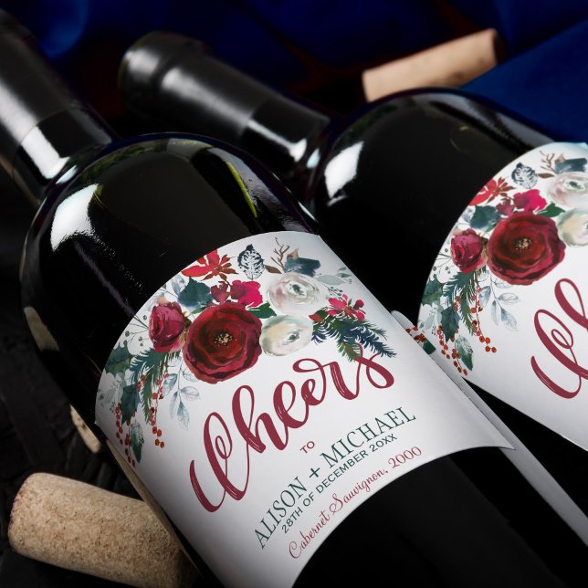 Étiquette Pour Bouteilles De Vin Bouquet rouge bordeaux blanc fleuri acclamer le ma (Créateur téléchargé)