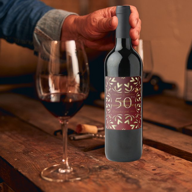 Étiquette Pour Bouteilles De Vin Bourgogne 50e anniversaire de Mariage rouge et or (Créateur téléchargé)