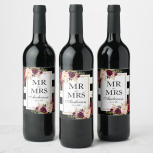 Étiquette Pour Bouteilles De Vin Bourgogne Floral Élégant Rayé Noir et Blanc