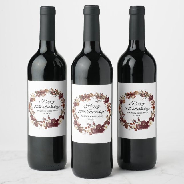 Étiquette Pour Bouteilles De Vin Bourgogne rouge mauve automne fleurs 70e anniversa (Bouteilles)