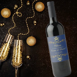 Étiquette Pour Bouteilles De Vin Bouteille de vin Mariage bleu et or de luxe Marine