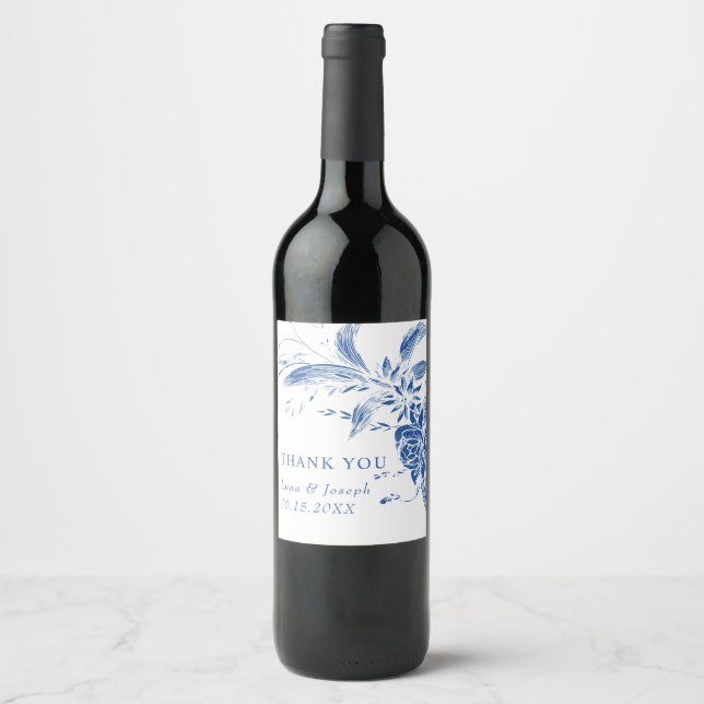 Étiquette Pour Bouteilles De Vin Branche avec mariage bleu et blanc (Devant)