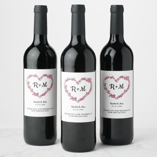 Étiquette Pour Bouteilles De Vin Branches and Wildflowers Heart in Red (Bouteilles)