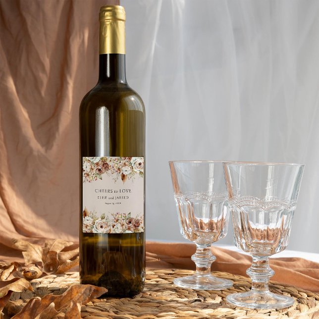 Étiquette Pour Bouteilles De Vin Bravo pour aimer le pays rustique Mariage floral (Cheers to love wine bottle labels - Rustic Floral Brown Neutral Wedding Collection by Darling & May)