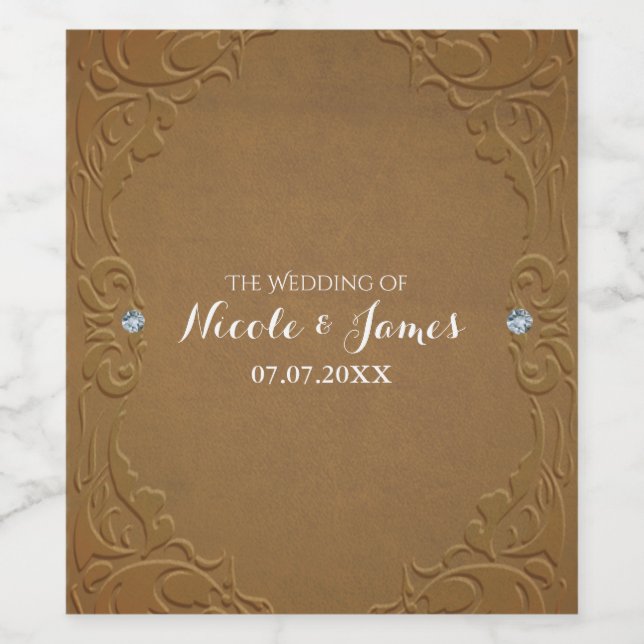 Étiquette Pour Bouteilles De Vin Brown Faux Cuir & Diamants Glam Vin rustique (Étiquettes simples)