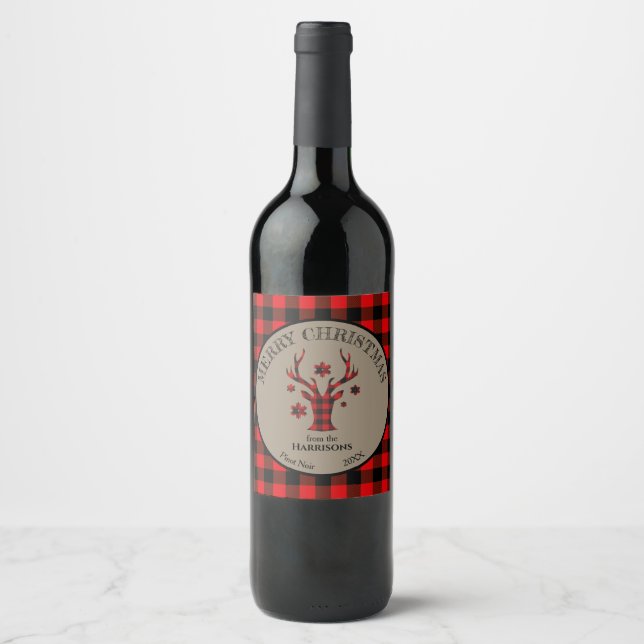 Étiquette Pour Bouteilles De Vin Buffalo Plaid Snowflake Antler Deer (Devant)