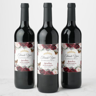 Étiquette Pour Bouteilles De Vin Burgundy Blush Floral Quinceañera Papillons Or