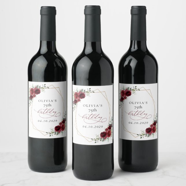 Étiquette Pour Bouteilles De Vin Burgundy Flowers, Red Flowers, Boho, Birthday (Bouteilles)