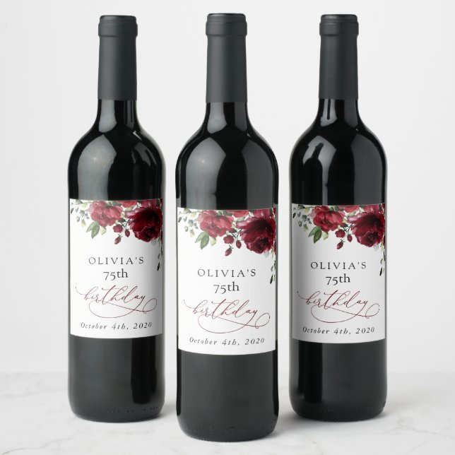 Étiquette Pour Bouteilles De Vin Burgundy Flowers, Red Flowers, Greenery, Birthday (Bouteilles)