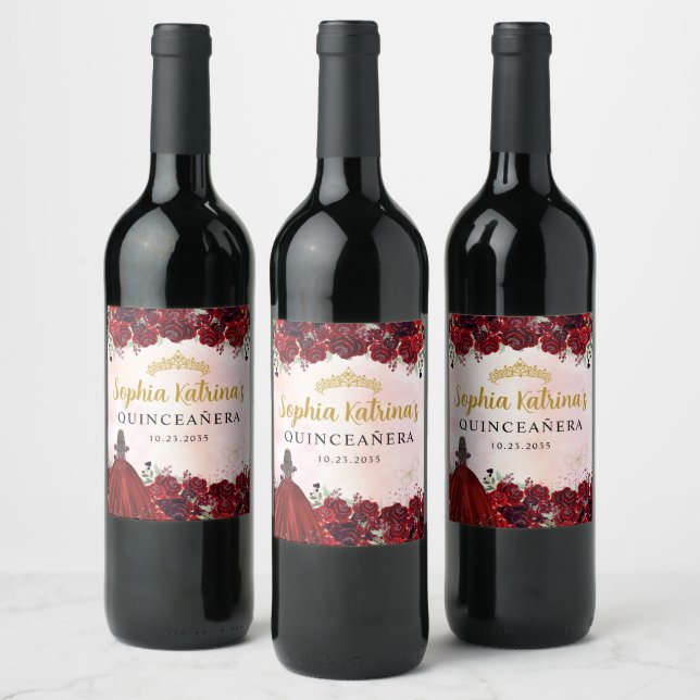 Étiquette Pour Bouteilles De Vin Burgundy Gold Floral Princess Quinceanera Annivers (Bouteilles)