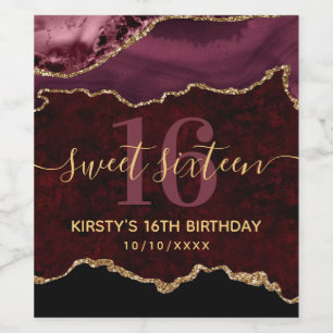 Étiquette Pour Bouteilles De Vin Burgundy & Gold Pailleté Marbre Sweet Sixteen