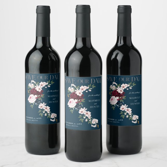 Étiquette Pour Bouteilles De Vin Burgundy & Navy Aquarelles Florales Enregistrer La (Bouteilles)