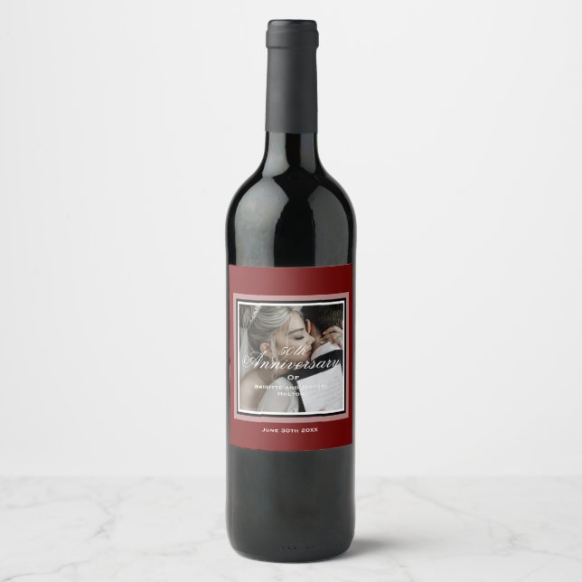 Étiquette Pour Bouteilles De Vin Burgundy rouge personnalisable photo 50e anniversa (Devant)
