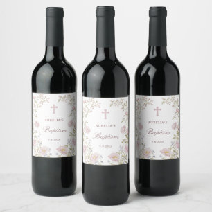 Étiquette Pour Bouteilles De Vin Cadre floral rose Baptême