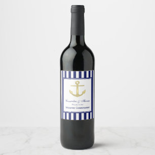 Étiquette Pour Bouteilles De Vin Cadre Navy Blue Gold Anchor 2, Rayure Blanche Fond