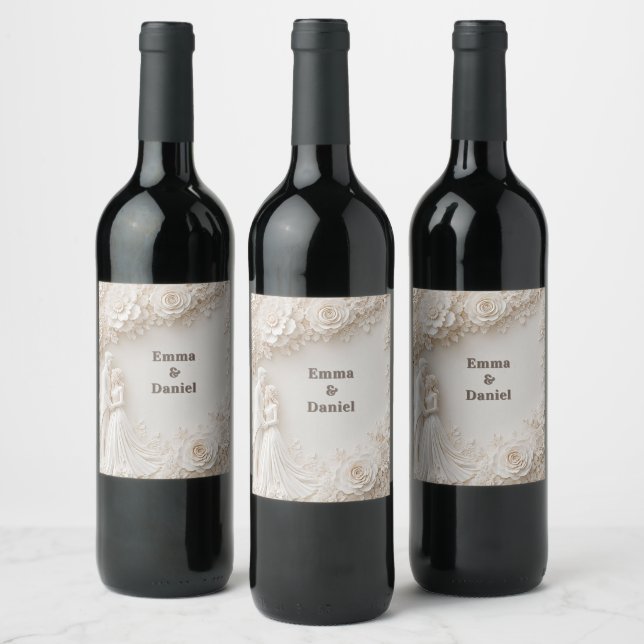 Étiquette Pour Bouteilles De Vin 🤍 Cadre silhouette de mariage floral ivoire 🤍 (Bouteilles)