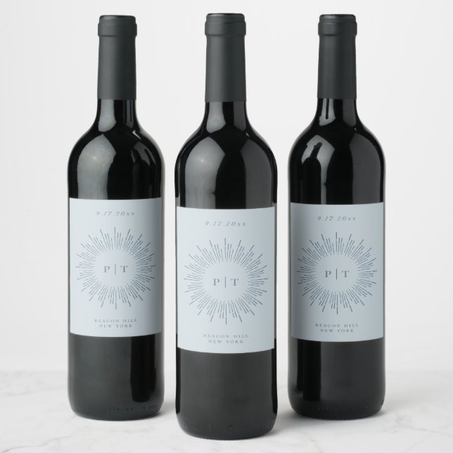 Étiquette Pour Bouteilles De Vin Cadre Sunburst moderne Monogramme bleu pâle (Bouteilles)