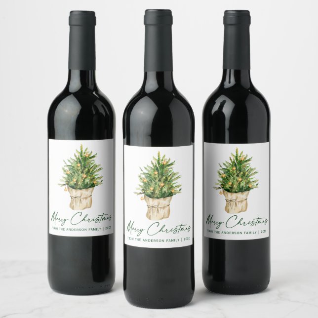 Étiquette Pour Bouteilles De Vin Calligraphie Encre Script Aquarelle Arbre de Noël (Bouteilles)