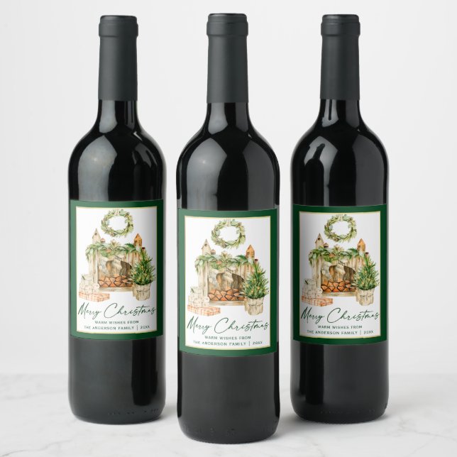 Étiquette Pour Bouteilles De Vin Calligraphie Encre Script Aquarelle Noël Vert (Bouteilles)