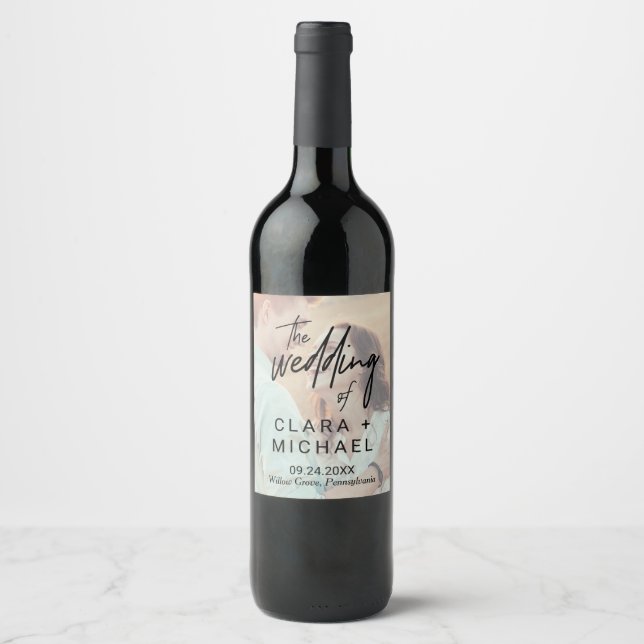 Étiquette Pour Bouteilles De Vin Calligraphie lunaire | Mariage photo défraîchi (Devant)
