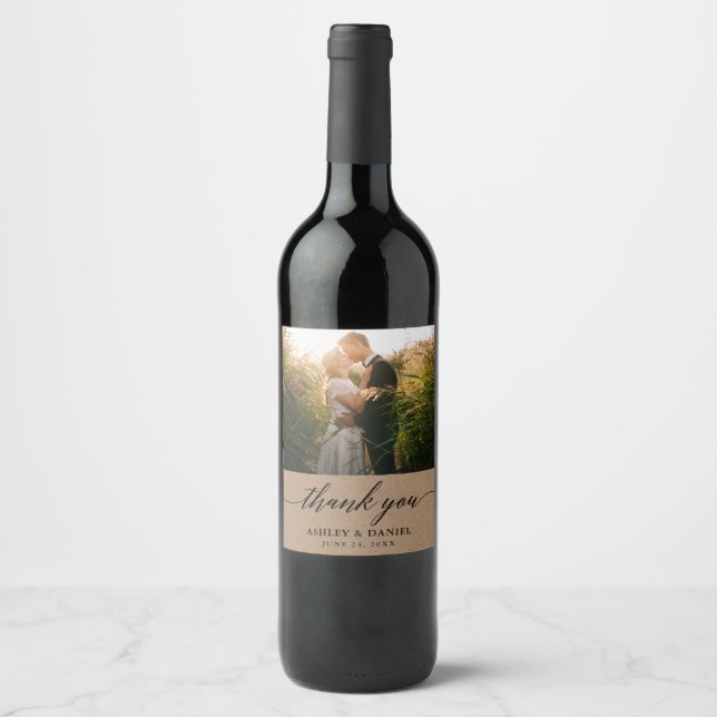 Étiquette Pour Bouteilles De Vin Calligraphie moderne Photo Kraft Mariage (Devant)