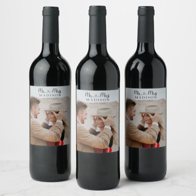 Étiquette Pour Bouteilles De Vin Calligraphie photo de mariage personnalisée (Bouteilles)