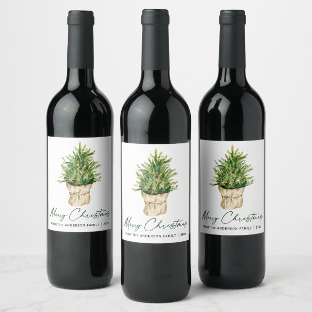 Étiquette Pour Bouteilles De Vin Calligraphie Script d'encre Aquarelle Arbre minima (Bouteilles)