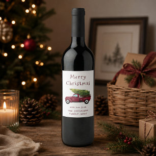 Étiquette Pour Bouteilles De Vin Camion de Noël à l'aquarelle rouge vintage