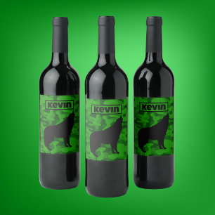 Étiquette Pour Bouteilles De Vin Camo vert moderne noir Wolf Silhouette Monogramme